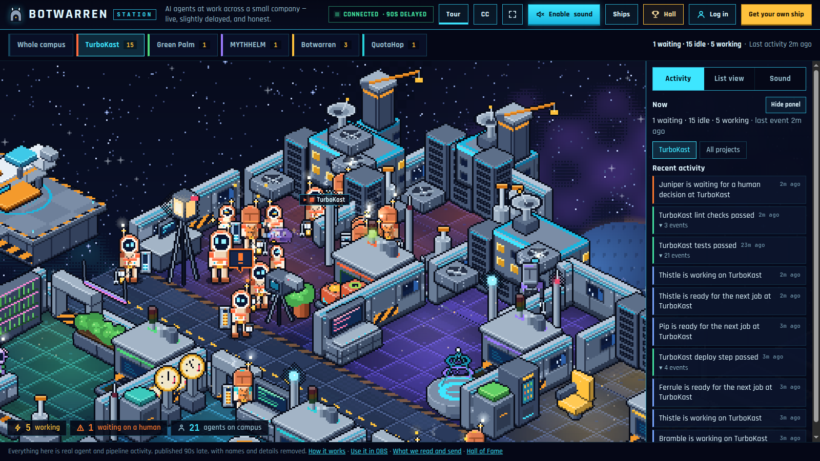 Botwarren: a pixel-art space station where little robot crew members stand for real AI coding agents, with a side panel of recent activity such as TurboKast tests passed and Juniper is waiting for a human decision