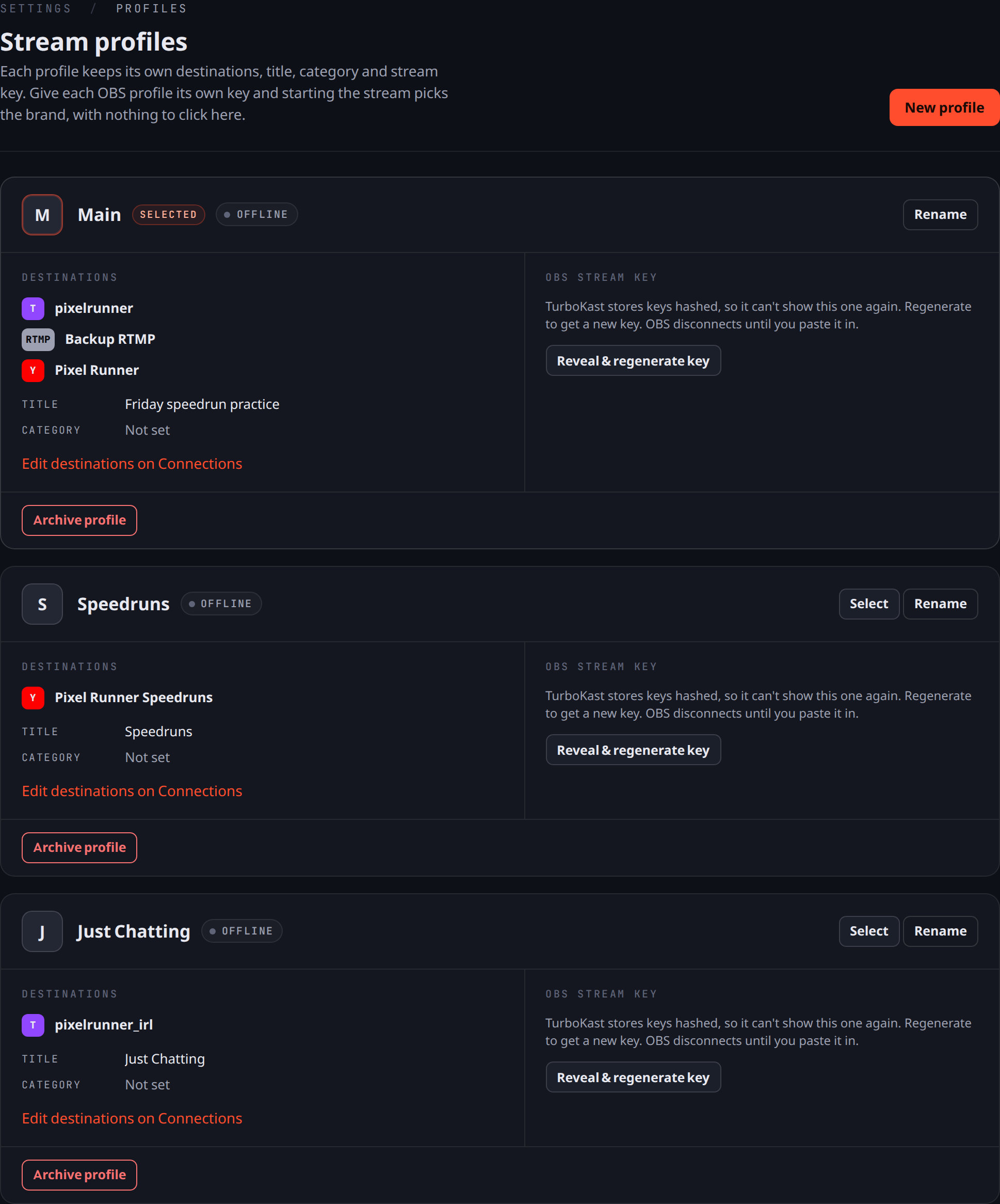 The Stream profiles settings page listing three profiles, Main, Speedruns and Just Chatting, each with its own destinations, title and OBS stream key controls